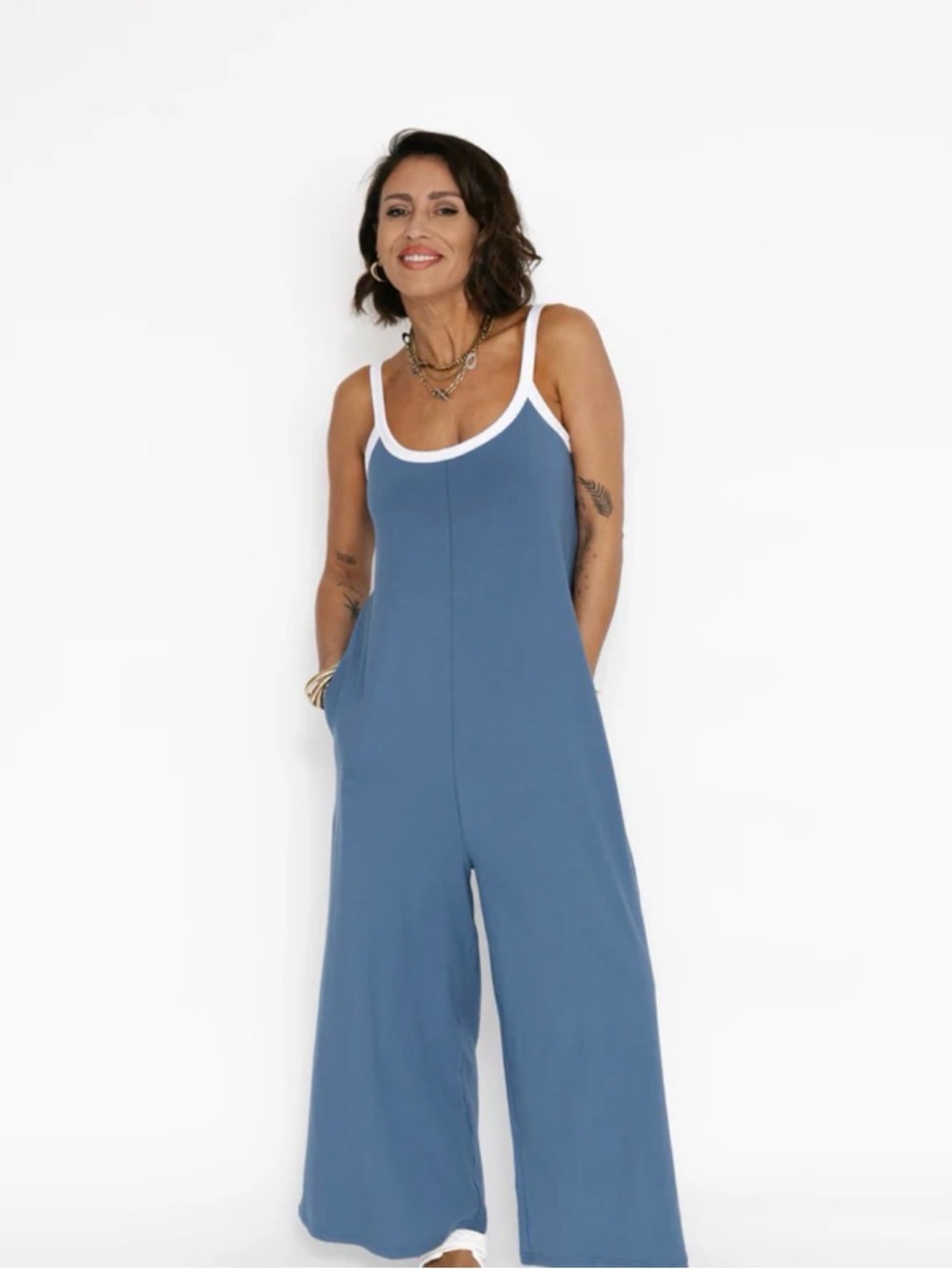 NWT Smash + Tess Blue and White Wide Leg Romper